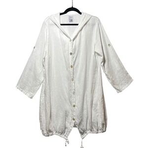 Match Point USA White 100% Linen Hooded Tunic Button Front Roll Tab S Lagenlook